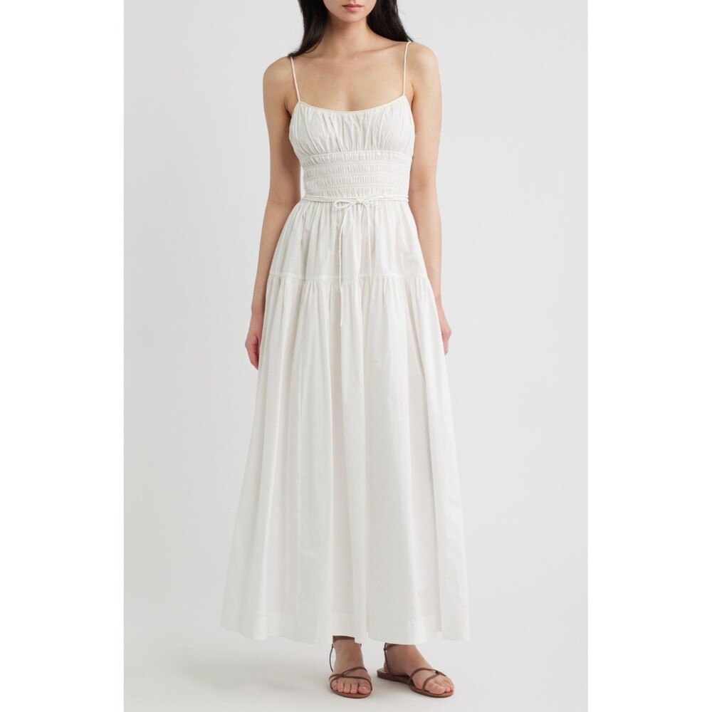 Doen Sofia Maxi Dress Smocked Tie Wrap Sleeveless Gathered White Cotton S 290454